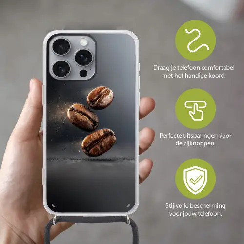 Koffiebonen - Zwevend - Grijs Hoesje iPhone 16 Pro Max met koord klein -sfeer2_NL