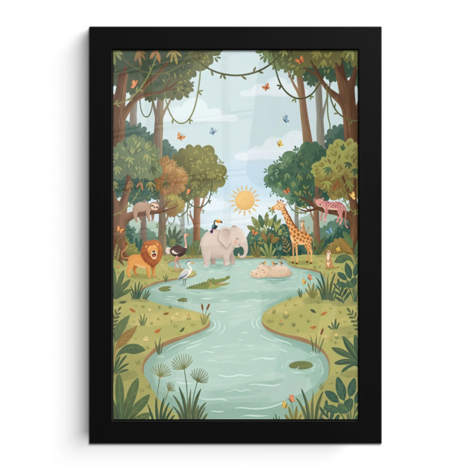 Jungle - Oase - Dieren - Kleurrijk fotolijst zwart zonder passe partout klein -3d