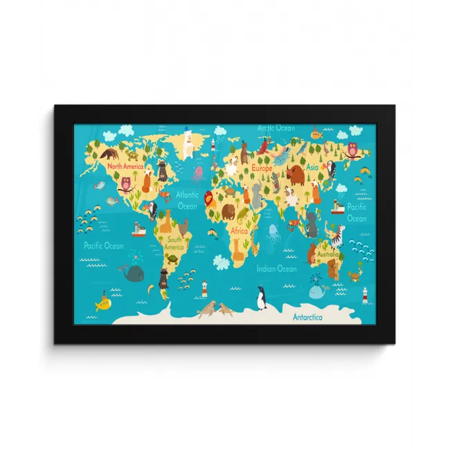 Wereldkaart - Kinderen - Dieren - Geel - Blauw - Jongens - Meisjes fotolijst zwart zonder passe partout klein -3d