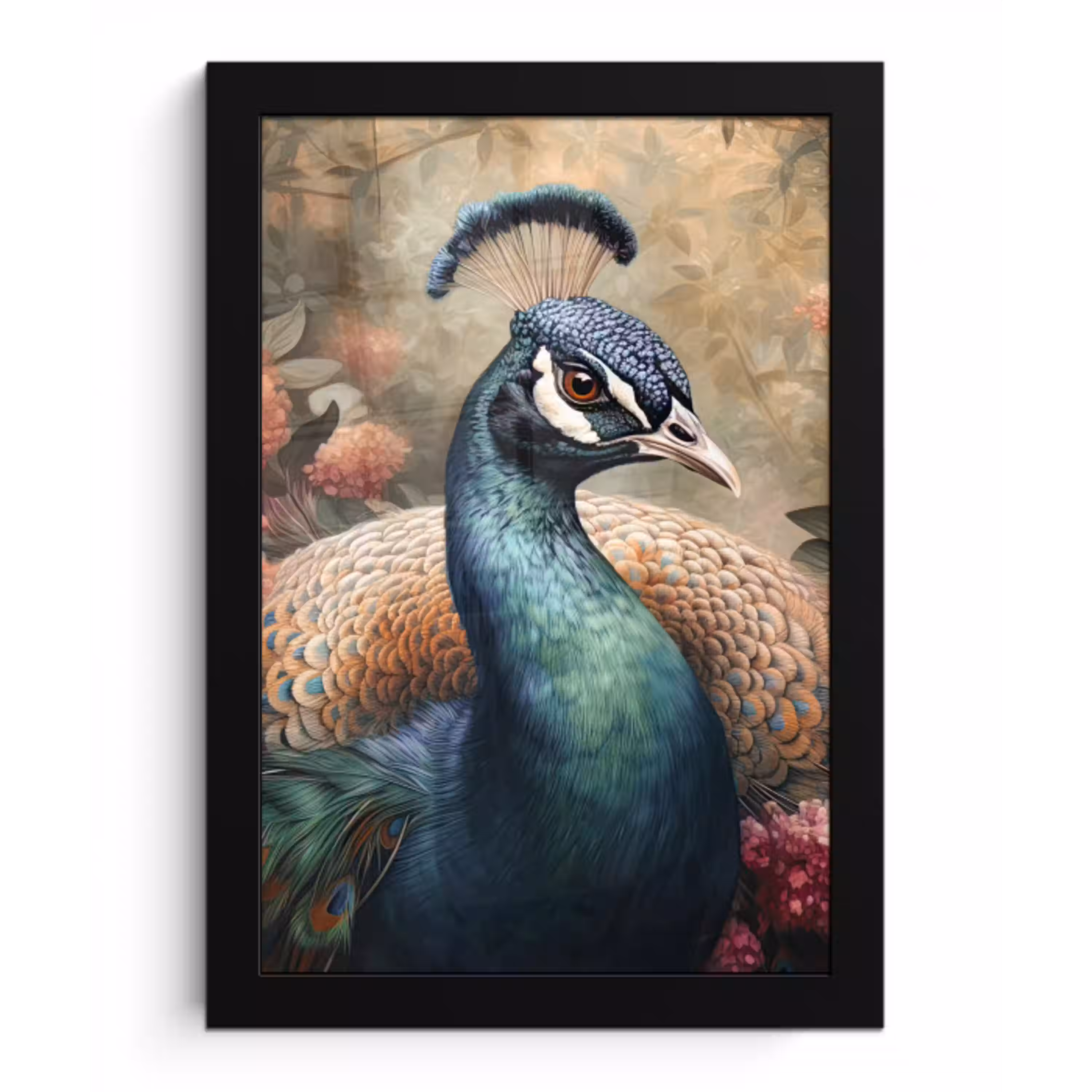 Pauw - Vogel - Bloemen - Planten - Pauwenveren fotolijst zwart zonder passe partout klein -3d