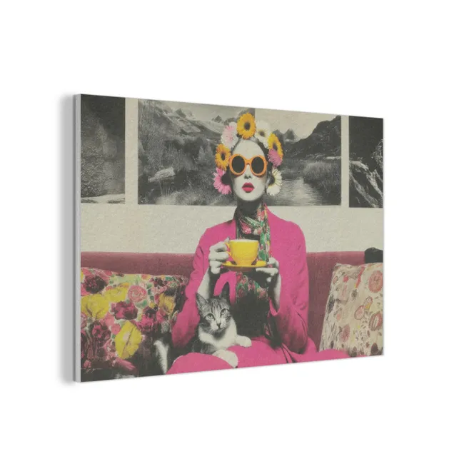 Akoestisch schilderij - Vrouw - Kat - Bloemen - Kopje - Retro