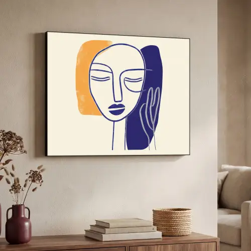 Minimalistisch - Gezicht - Hand - Oranje - Blauw Textielframe zwart klein -sfeer3