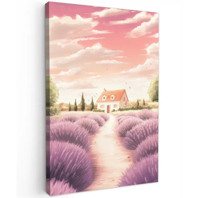 Lavendelveld - Huis - Paars Tuinposter op houten frame 2 cm dik klein -3d