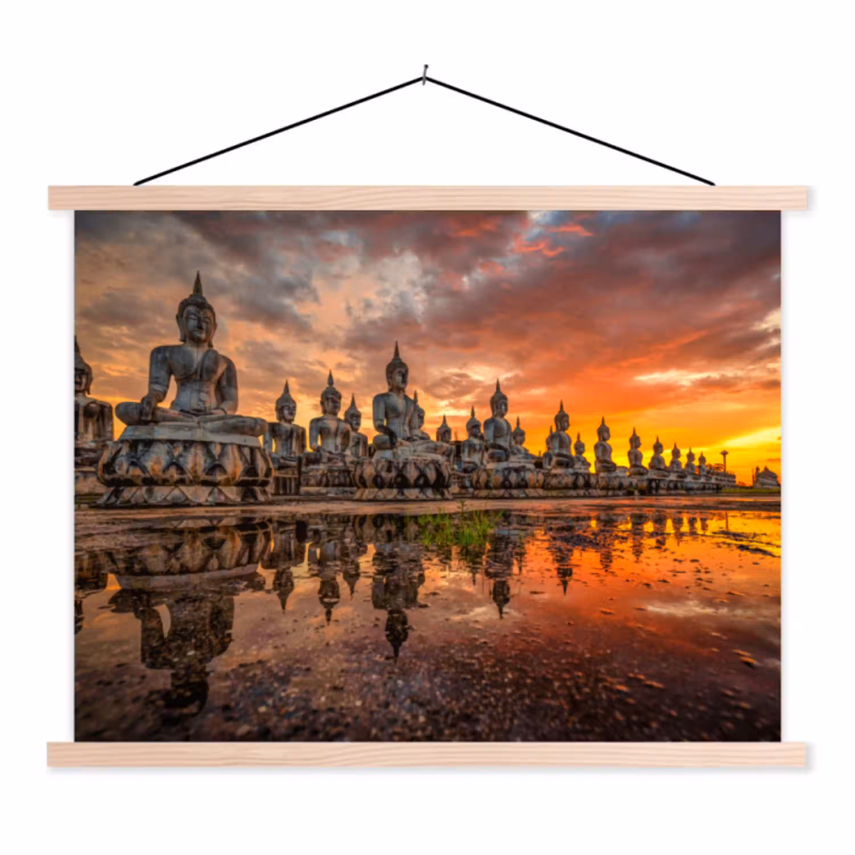 Boeddha beelden - Zonsondergang - Water - Boeddhisme textielposter latten blank klein -3d