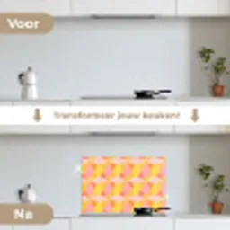 Kleurrijk - Ruitpatroon - Bladvormen keuken achterwand spatscherm klein 900 -voor_na_NL