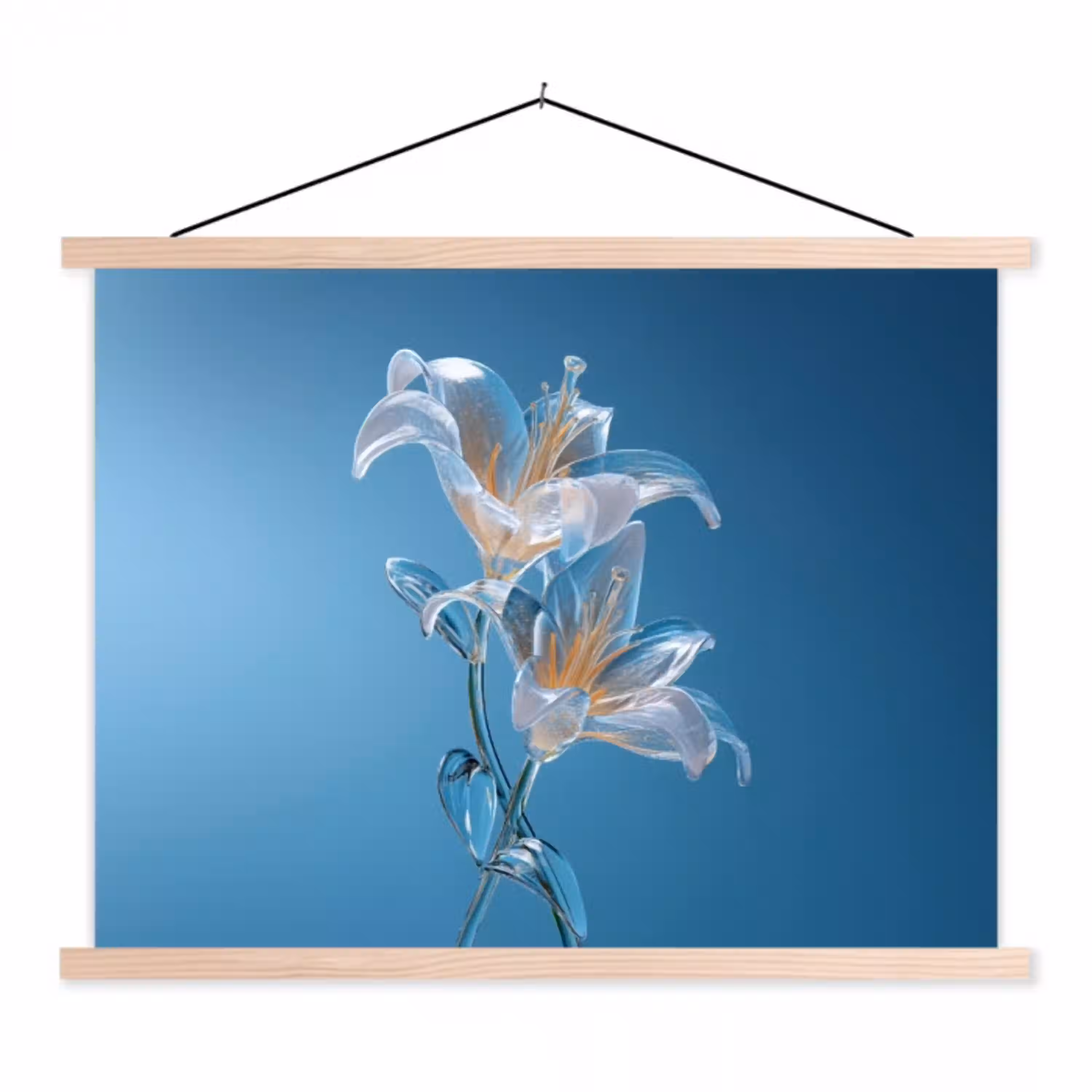 Lelies - Blauw - Glazen textielposter latten blank klein -3d
