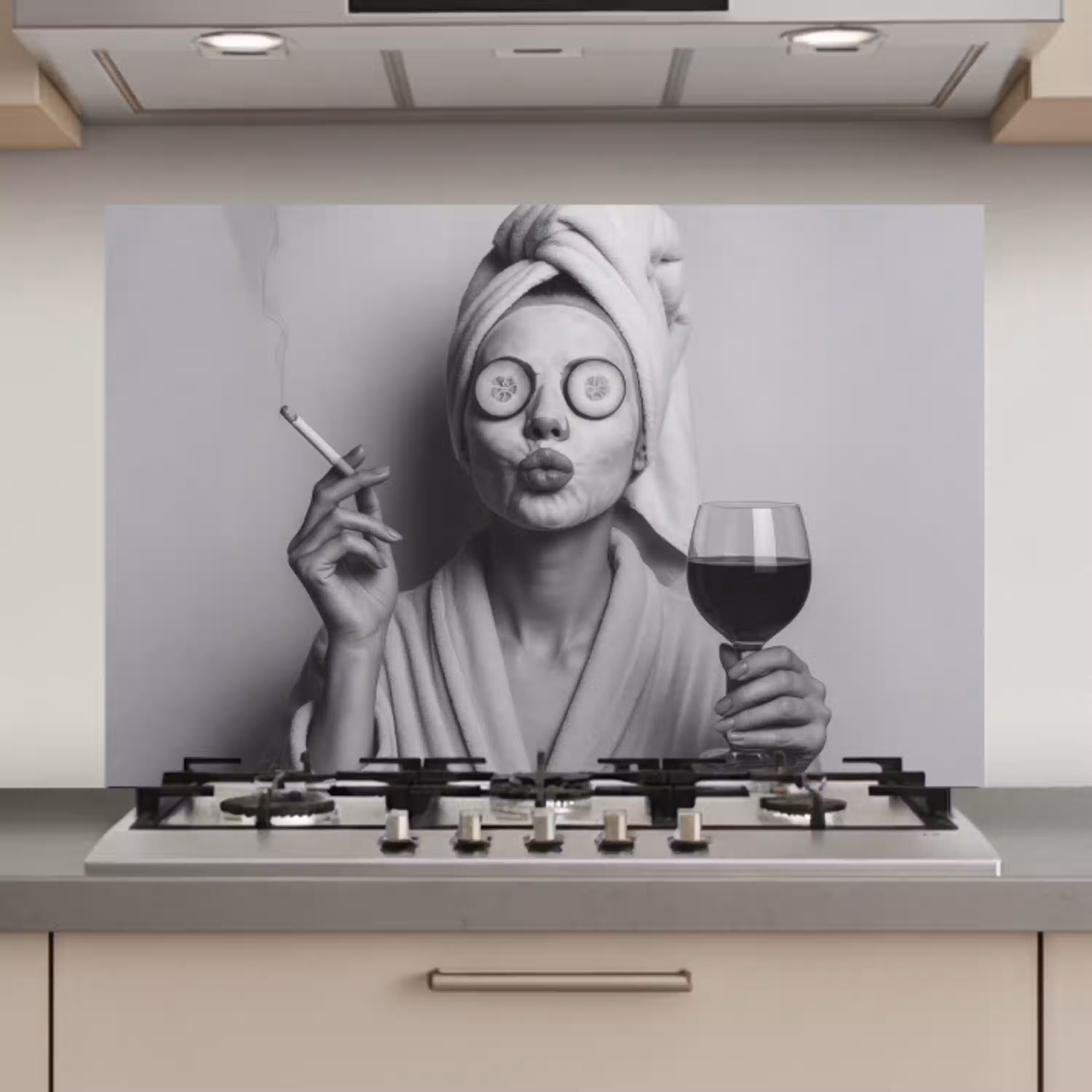 Vrouw - Masker - Wijn - Sigaret keuken achterwand spatscherm klein -3d_website