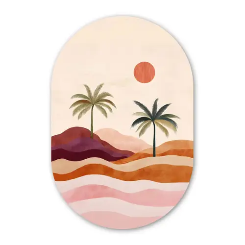 Palmbomen - Abstract - Zon - Heuvels Wandcirkel Ovaal Glas middel -3d