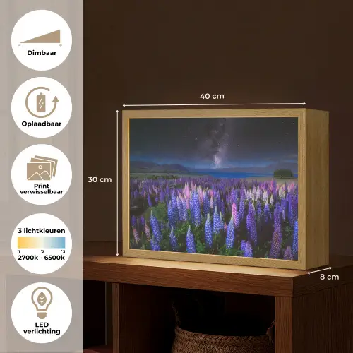 Bloemen - Nacht - Lupine - Sterrenhemel - Paars - Natuur Light Box met batterij (Wandlamp) middel -USP_websiteoverzichtNL