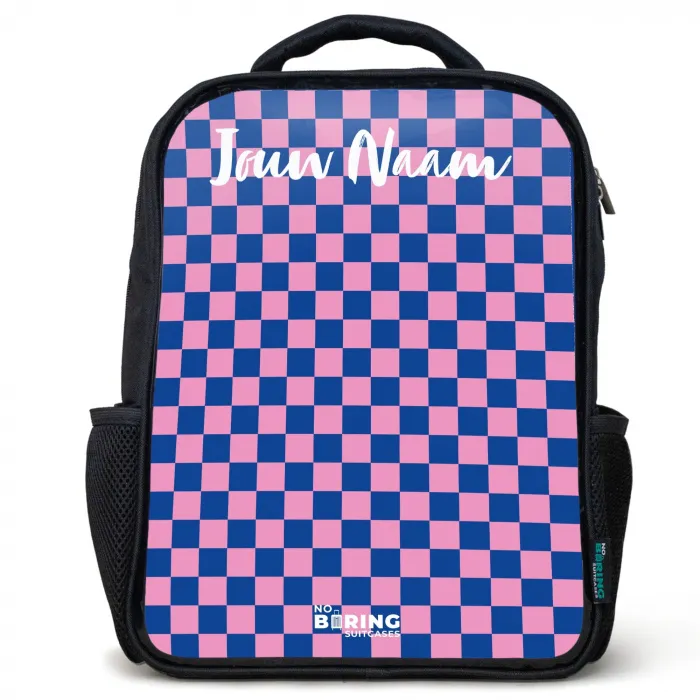 Blokjes - Blauw - Roze Rugzak - Zwart middel -3d