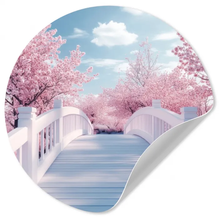Brug - Kersenbomen - Wit Wandcirkel behangsticker klein -3d