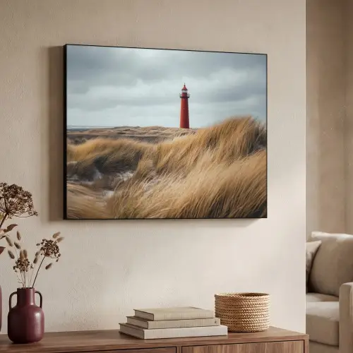 Duinen - Vuurtoren - Rood - Lucht Textielframe zwart klein -sfeer3