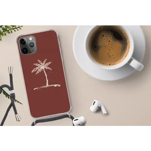 Palmboom - Beige - Rood - Tropisch Hoesje iPhone 12 Pro met koord klein -oordop