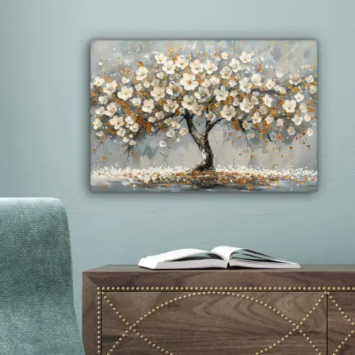 Boom - Bloemen - Wit - Natuur - Kunst canvas 2cm klein -sfeer4