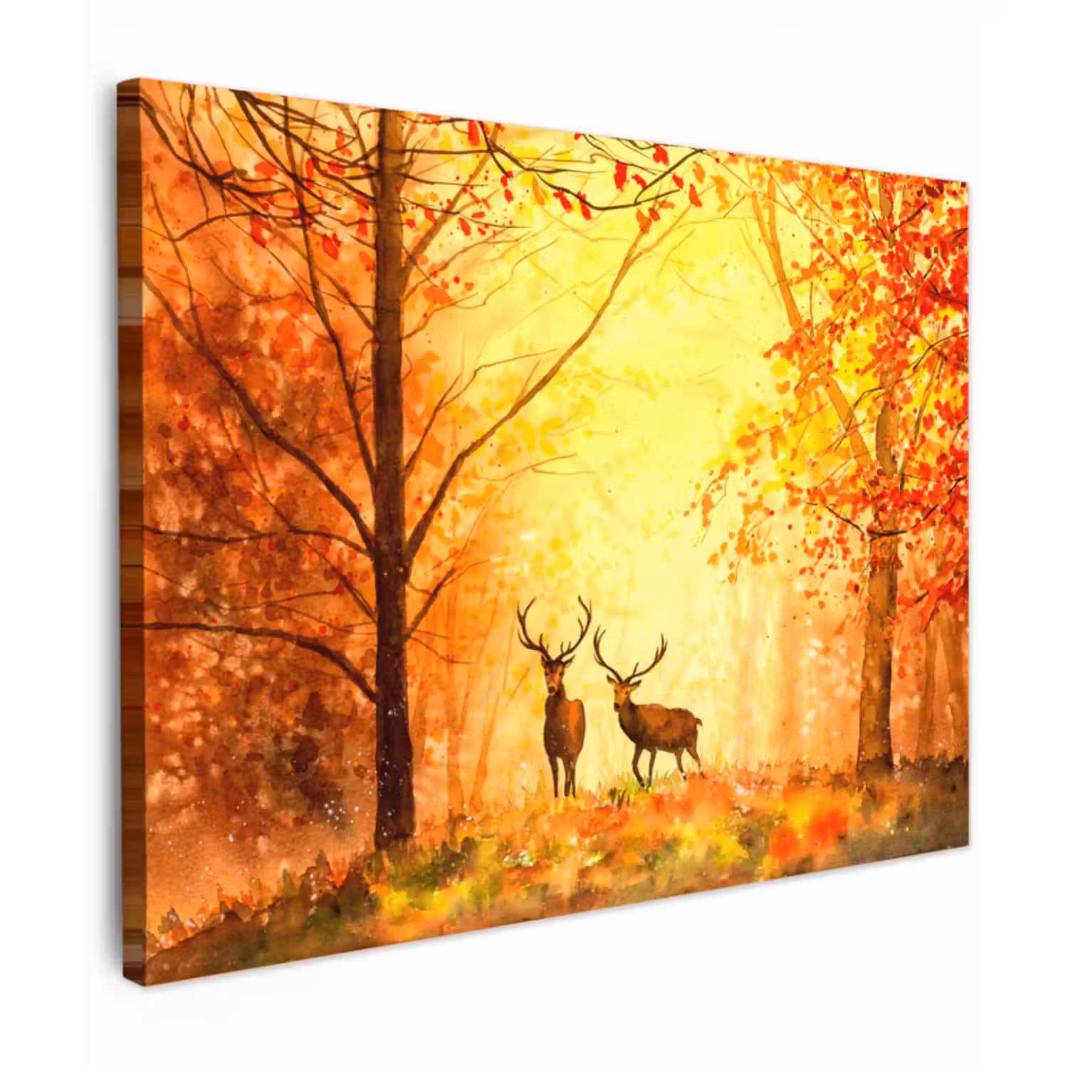 Canvas schilderij - Natuur - Olieverf - Hert - Dieren - Herfst - Oranje