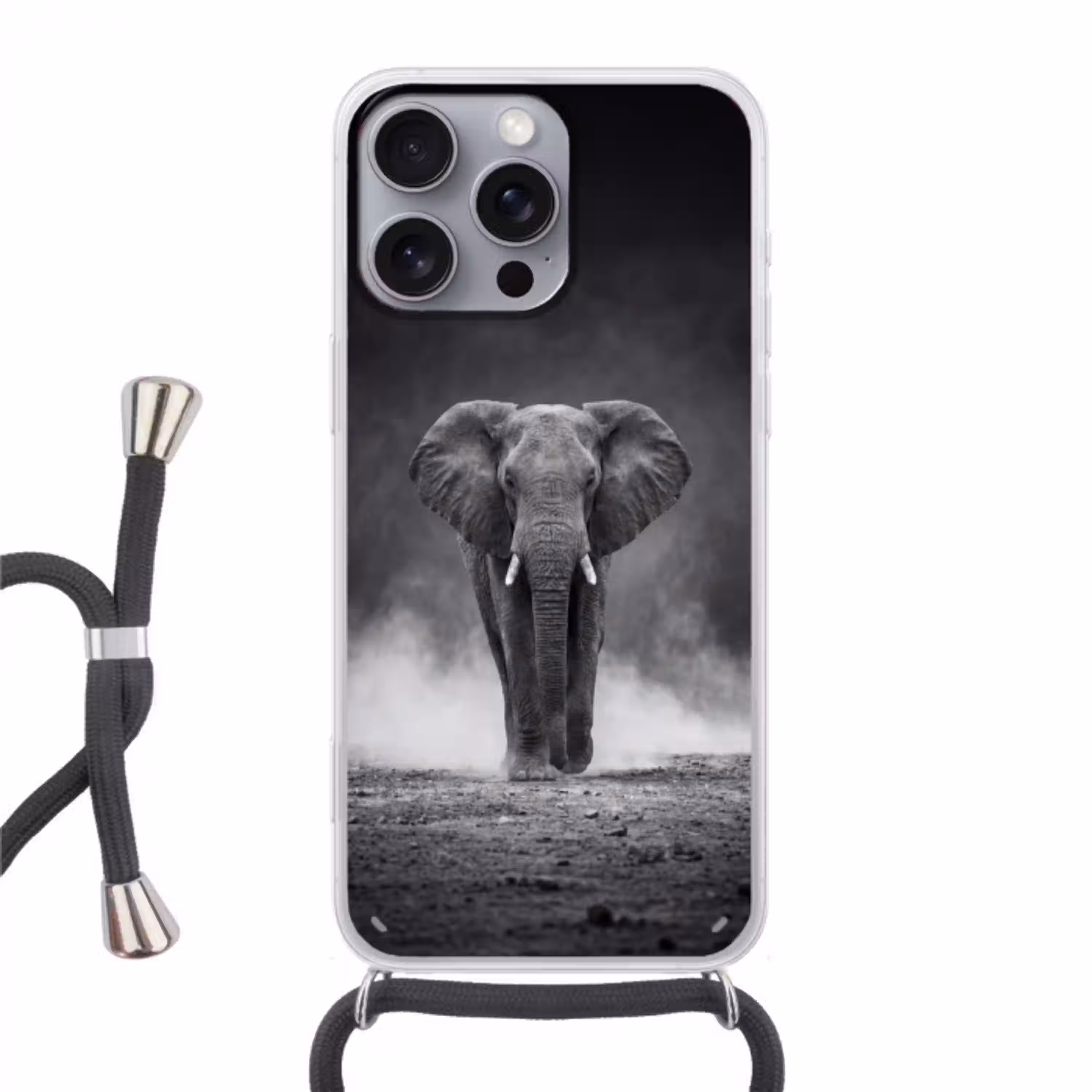 Olifant - Zwart - Wit - Rook Hoesje iPhone 16 Pro Max met koord klein -3d