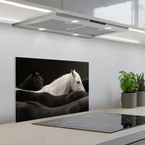 Paarden - Zwart - Wit - Kudde keuken achterwand spatscherm klein -3d_schuin
