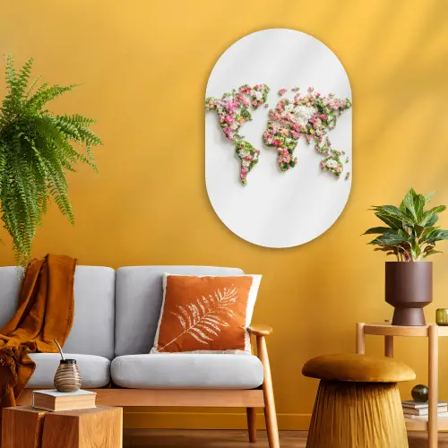 Wereldkaart - Bloemen - Subtiel Wandcirkel Ovaal Glas middel -sfeer4