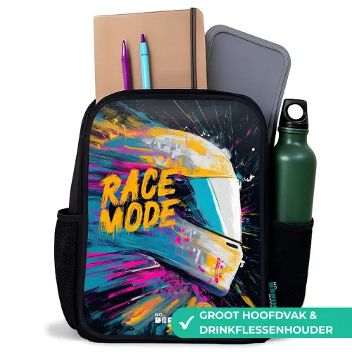 Racehelm - Verfspatten - Penseelstreken - Race mode Rugzak - Zwart middel -inhoud_NL