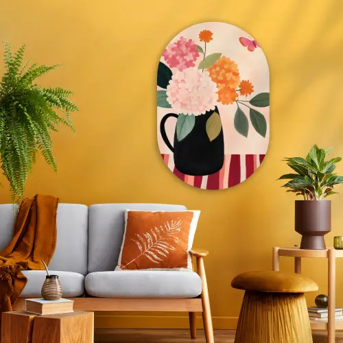 Vaas - Bloemen - Vlinder - Rood Wandcirkel Ovaal Glas middel -sfeer4