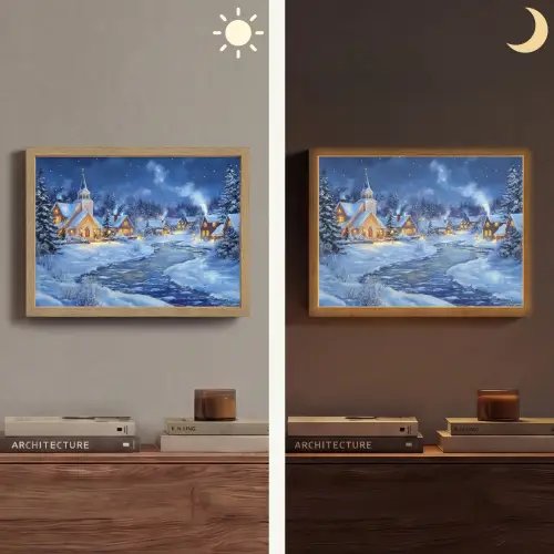 Winteravond - Kerstdorp - Donker Light Box met batterij (Wandlamp) middel -sfeer3