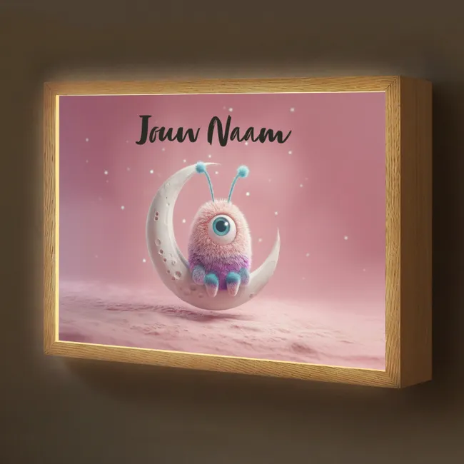 Lightbox - Wandlamp kinderkamer met naam - Maan - Monster - Roze