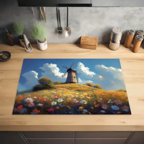 Windmolen - Heuvel - Bloemen - Kleurrijk Inductie beschermer vinyl 3mm klein -sfeer5
