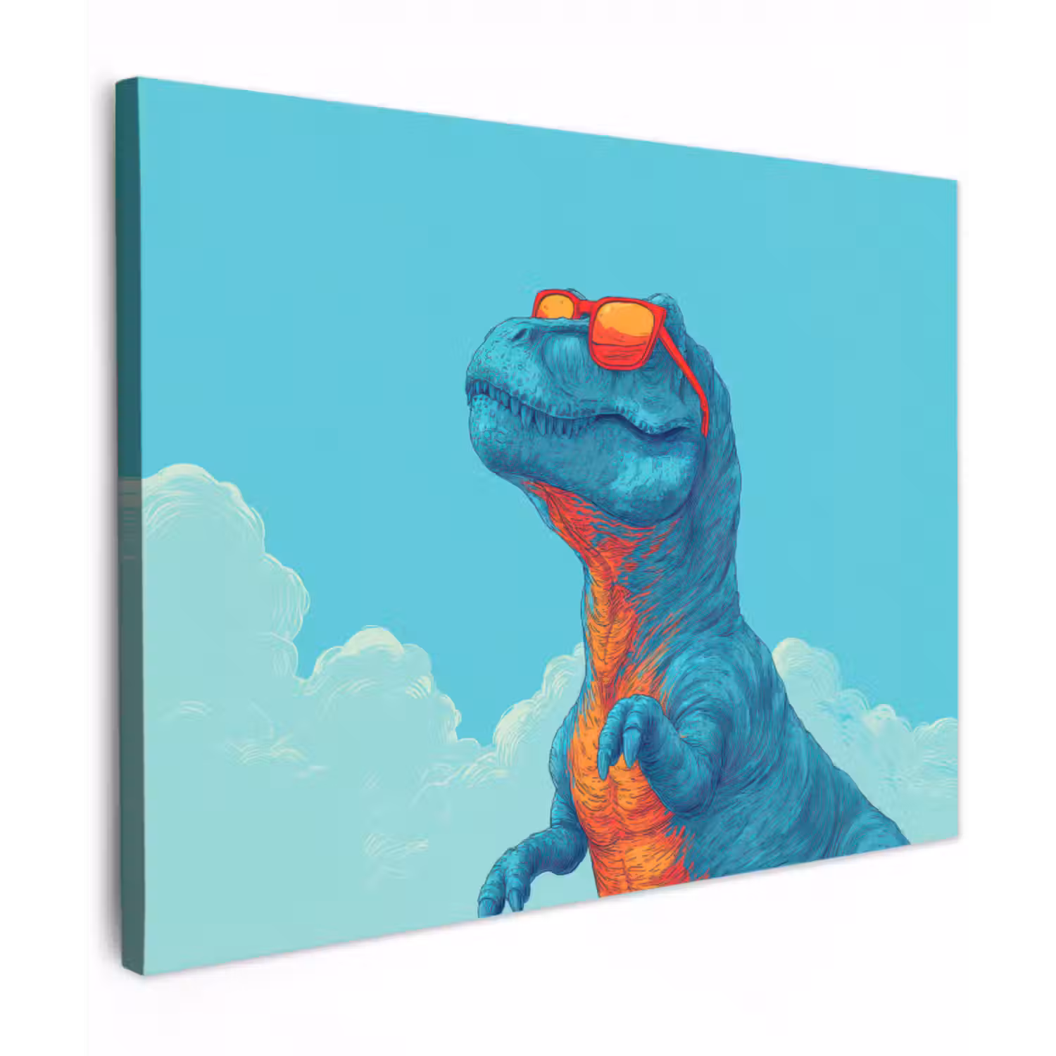 Leinwandbild - T-Rex - Blau - Wolken - Sonnenbrille