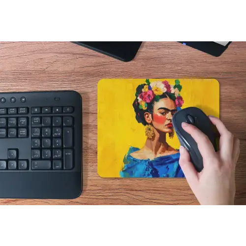 Frida Kahlo - Vrouw - Geel - Blauw - Bloemen muismat rubber klein -toetsenbord