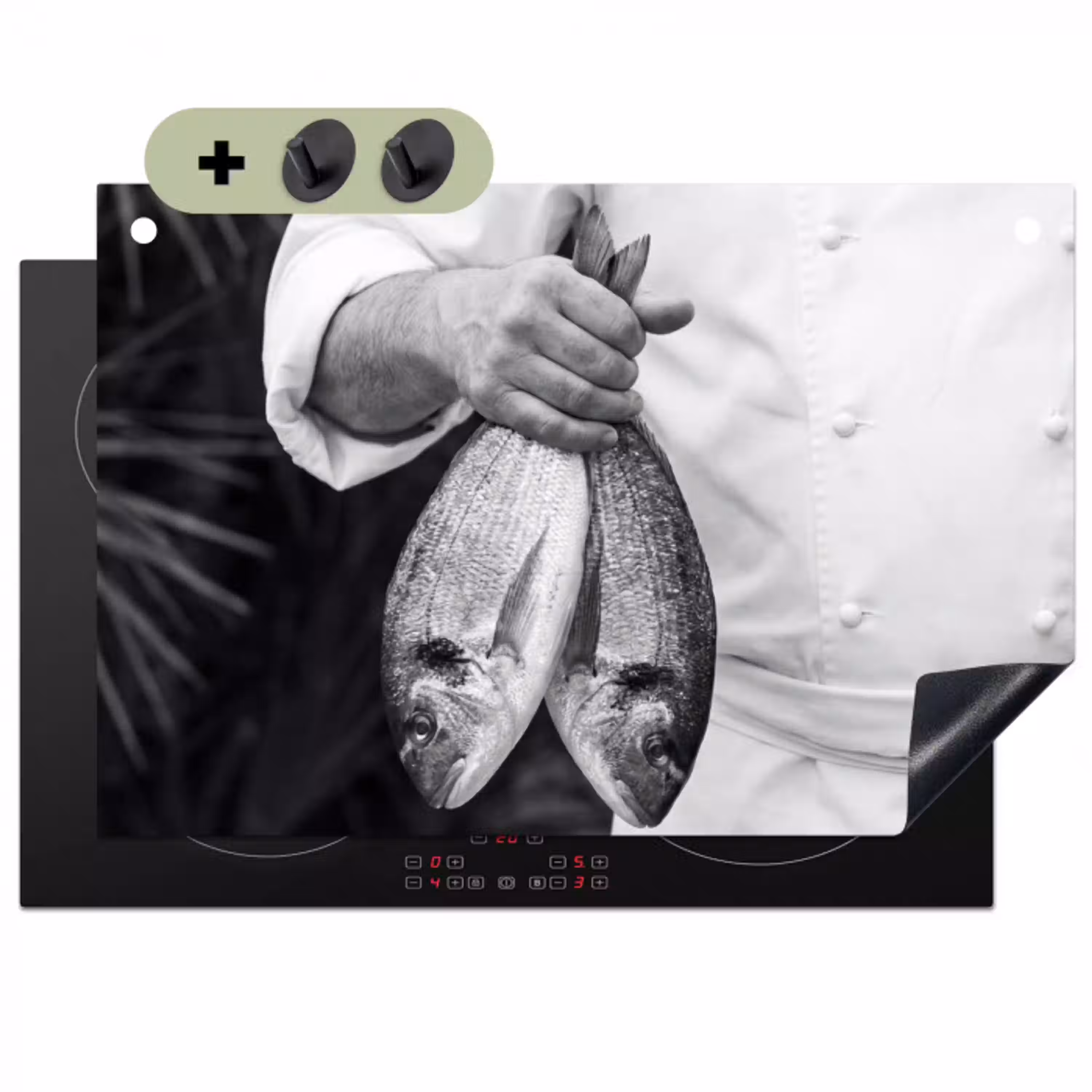 Vissen - Chef - Zwart - Wit Inductie beschemer met haakjes klein -3d