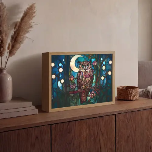 Uil - Mozaïek - Maan - Nacht Light Box met batterij (Wandlamp) middel -sfeer2