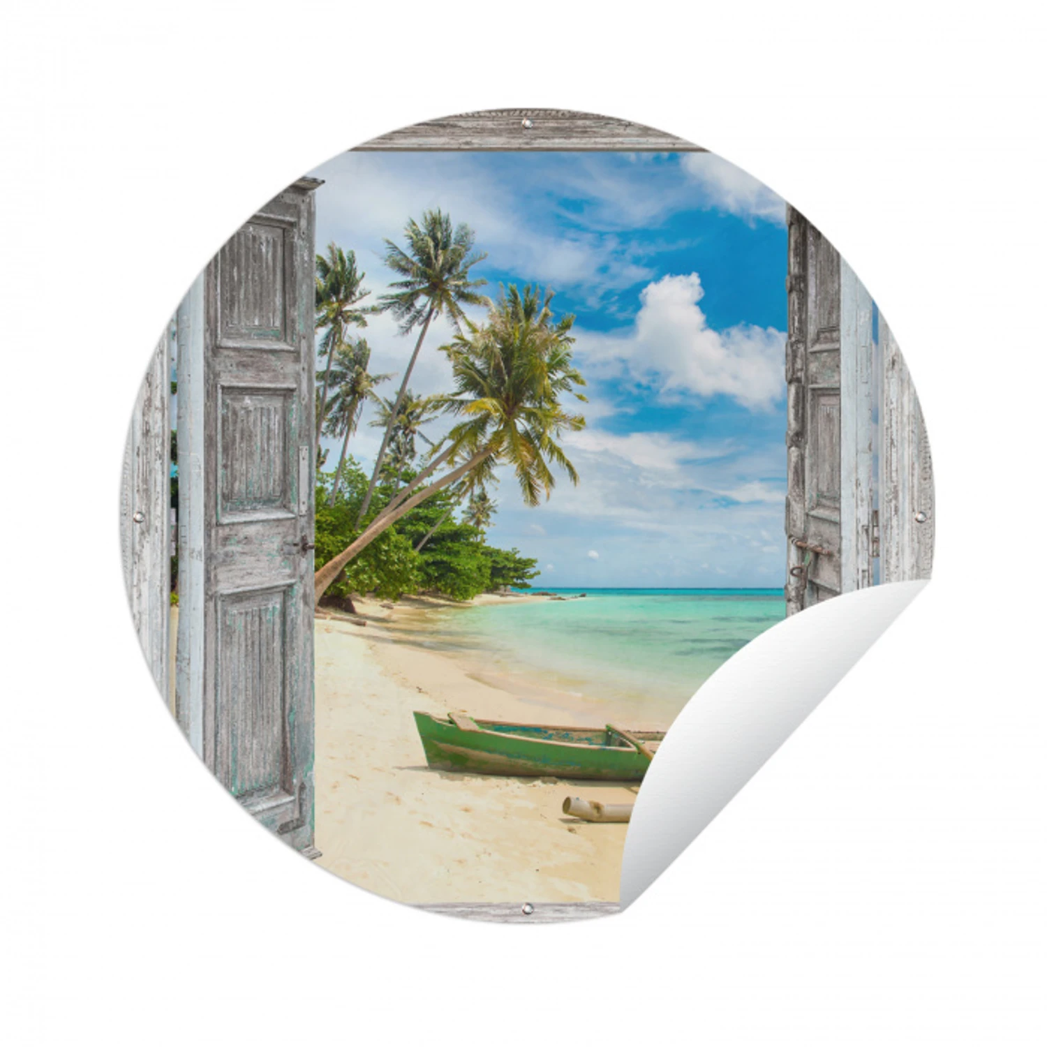 Kano - Strand - Palmboom - Strand - Doorkijk Wandcirkel tuinposter met ringen klein -3d