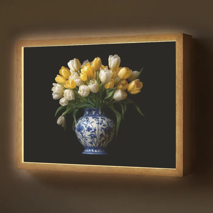 Geel - Tulpen - Vaas - Bloemen Light Box met batterij (Wandlamp) middel -z3d_website