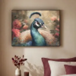 Pauw - Vogel - Bloemen - Planten - Pauwenveren Textielframe zwart klein -sfeer1