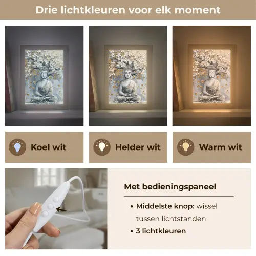 Boeddha - Bloemen - Boom - Goud - Modern Light Box met kabel (Tafellamp) klein -USP_lichtkleurNL