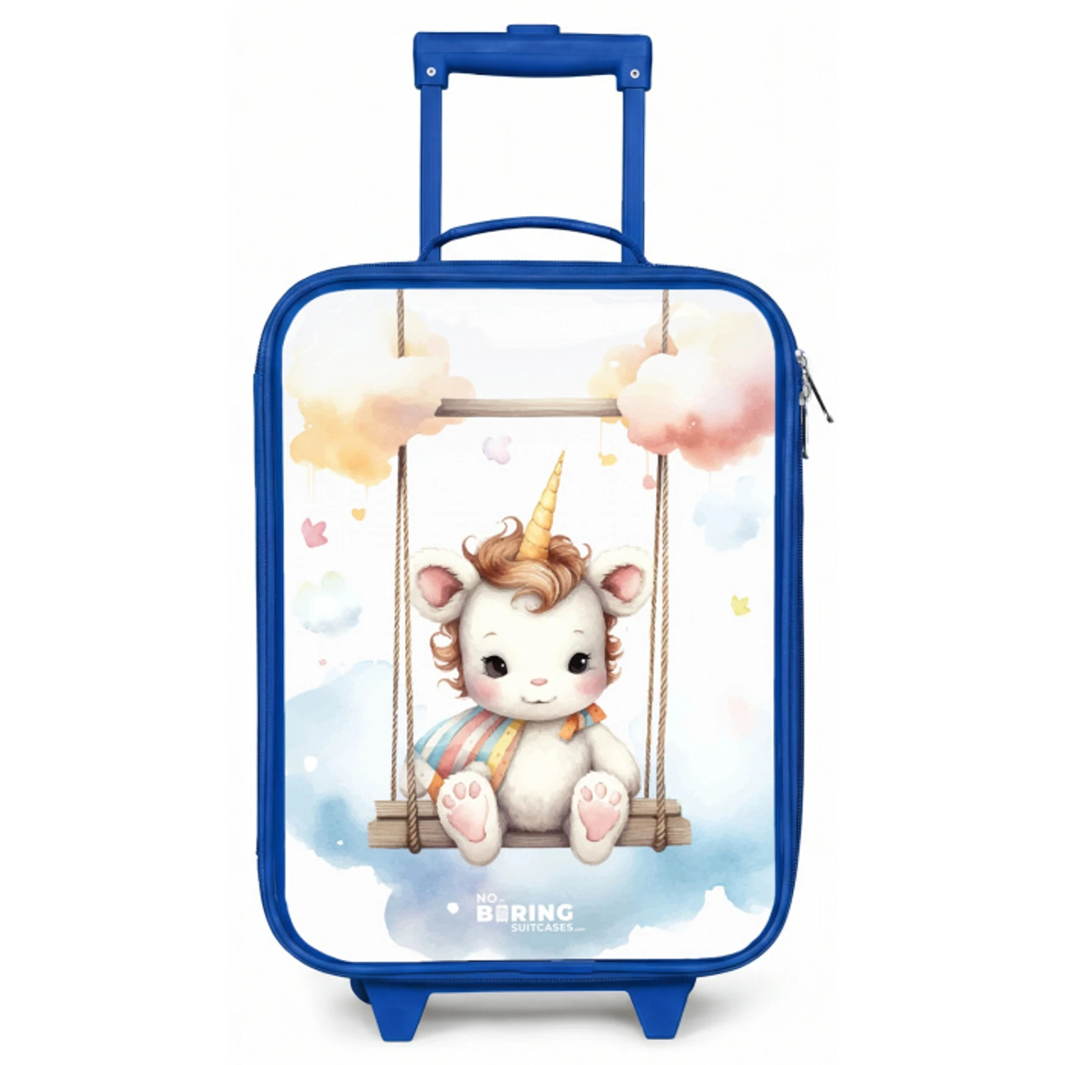 Witte baby eenhoorn op een schommel in de wolken Kinderkoffer - Blauw klein -zz3dotto