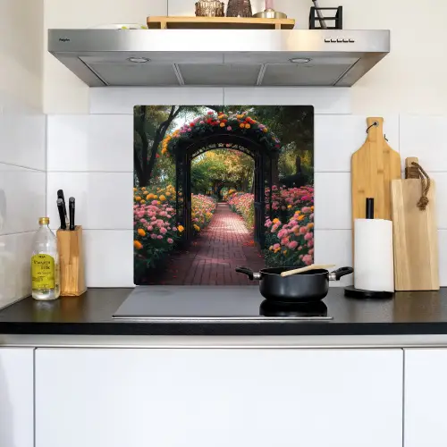 Doorkijk - Bloemen - Pad - Natuur - Kleurrijk Inductie beschemer met haakjes middel -sfeer2