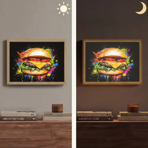 Hamburger - Graffiti - Verf - Kleurrijk - Eten - Abstract Light Box met batterij (Wandlamp) middel -sfeer3