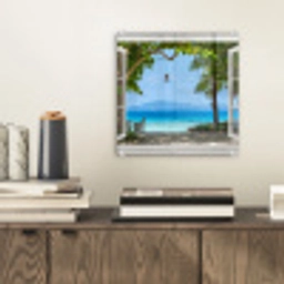 Doorkijk - Boom - Zee - Palmboom - Heuvels - Strand - Blauw plexiglas 5mm klein -sfeer1