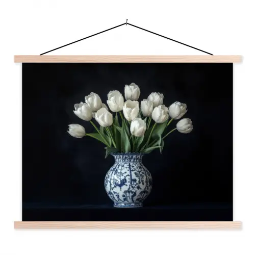 Wit - Bloemen - Tulpen - Vaas textielposter latten blank klein -3d