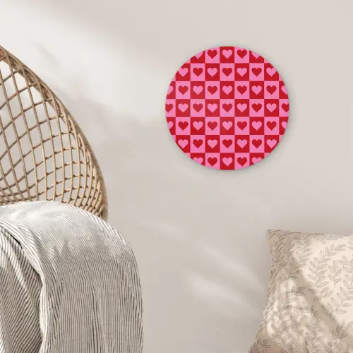 Rood - Roze - Schaakbord - Valentijn Wandcirkel kunststof plaat 5mm dik klein -sfeer5