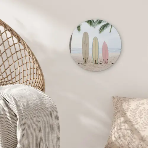 Surfboard - Palmbomen - Kleurrijk Akoestische PET Vilt - Rond klein -sfeer4