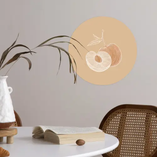 Perzik - Lijntekening - Pit - Beige Wandcirkel behangsticker klein -sfeer3