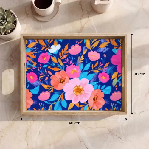 Bloemen - Blauw - Roze Dienblad Rechthoek middel -USP_Formaat