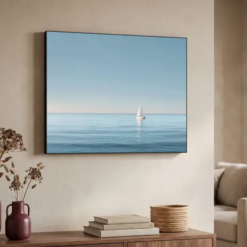 Zeilbootje - Kalme zee - Helderblauwe hemel Textielframe zwart klein -sfeer3