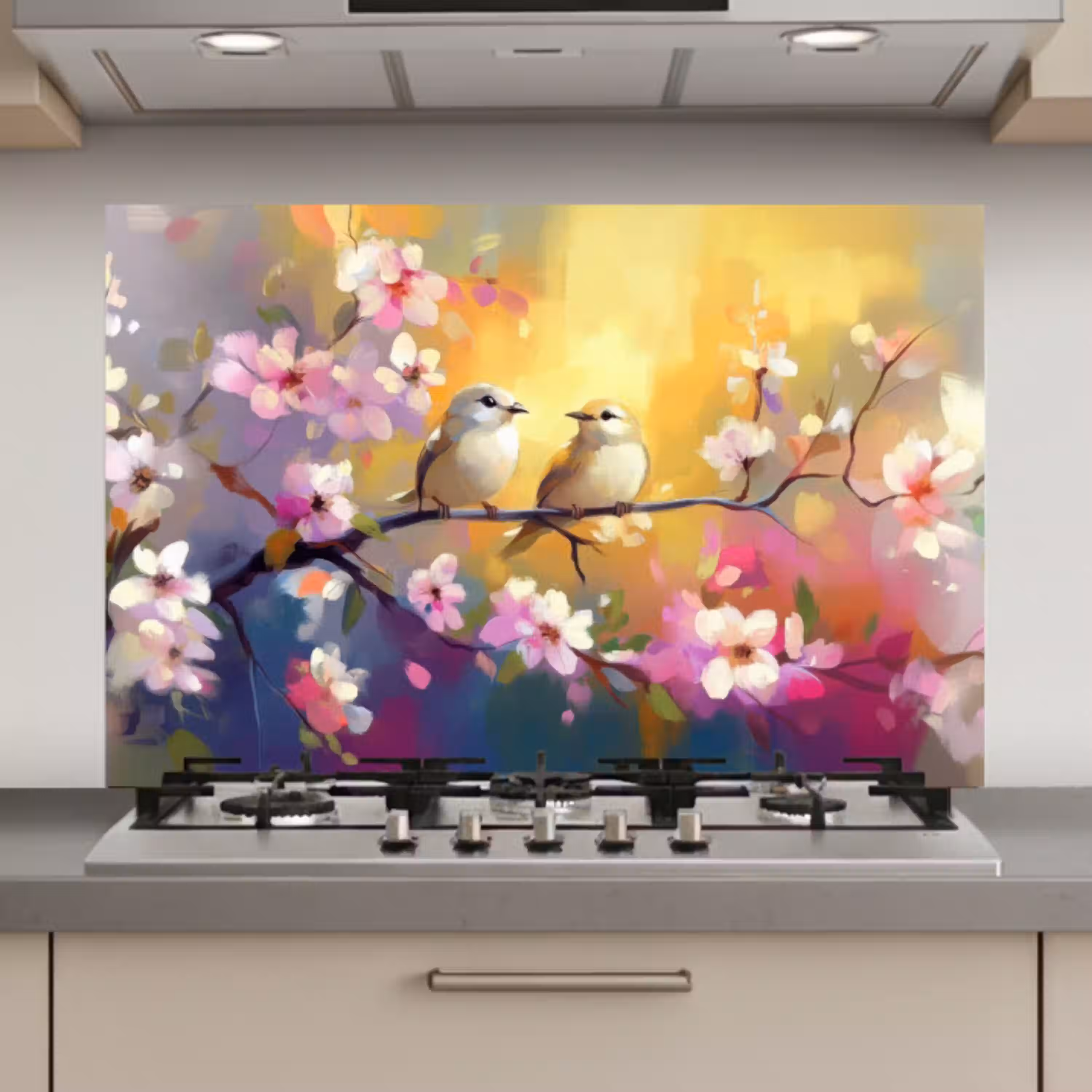 Vogels - Bloemen - Roze keuken achterwand spatscherm klein -3d_website