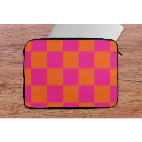Schaakbord print - Oranje - Roze - Blokjes laptophoes neopreen klein -tafel