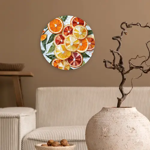 Schijfjes - Fruit - Oranje - Mozaïek Wandcirkel plexiglas klein -sfeer1