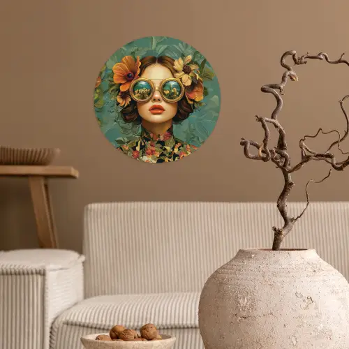 Vrouw - Bloemen - Vlinders - Natuur - Vintage Wandcirkel behangsticker klein -sfeer1
