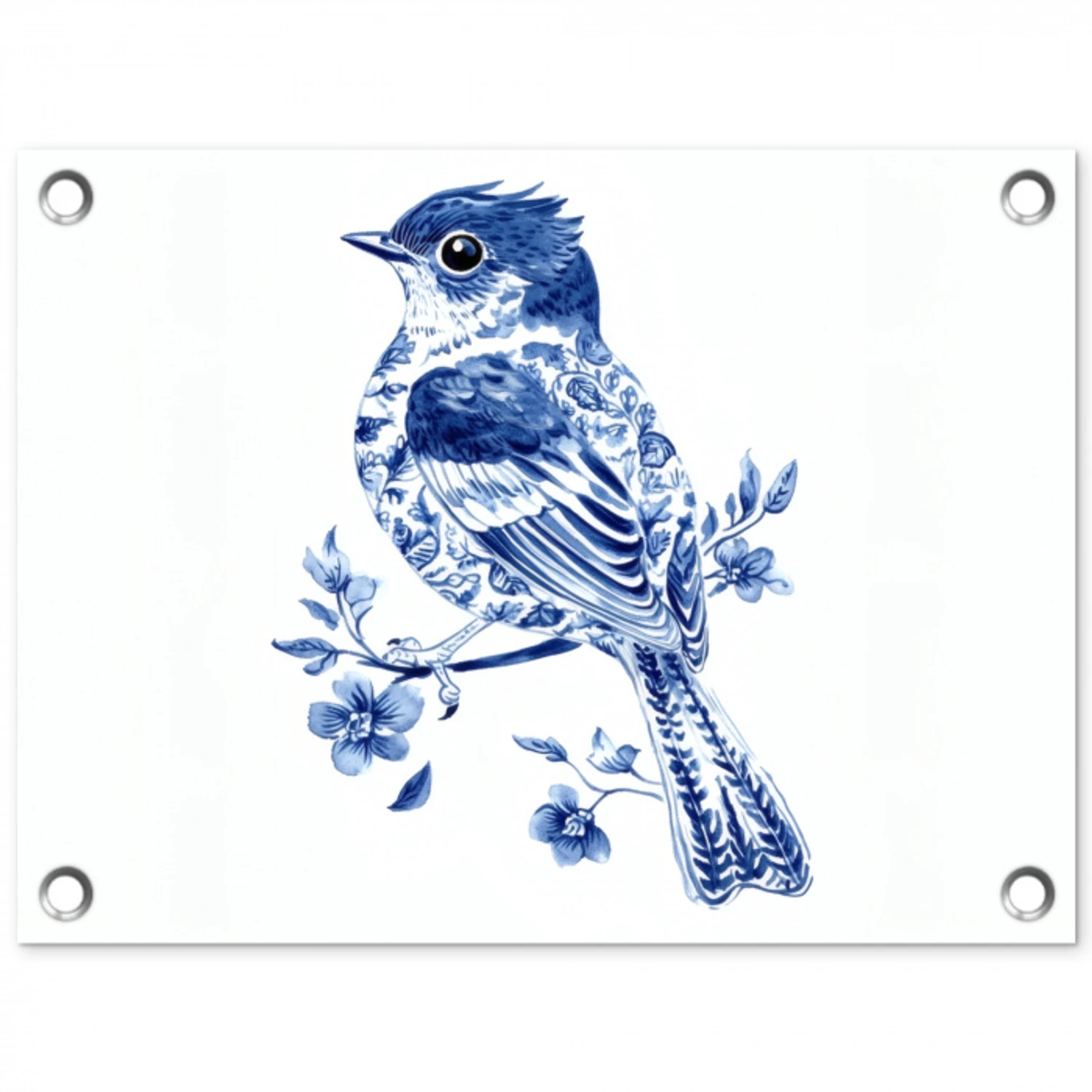 Vogel - Delfts blauw - Illustratie - Bloemen tuinposter los doek klein -3d